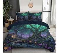 Funda Nordica Cama 135x200 cm, Reversible Verde Funda Nordica con Estampado Bosque Árboles Flores, Microfibra 2 Piezas Fantasía Cuento De Hadas Juego de Ropa de Cama con 1 Fundas de Almohada