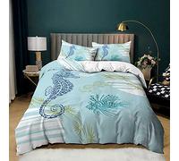 Funda Nordica Cama 150 Adultos Caballito de mar Azul Ropa de Cama de 110gsm Microfibra con Cierre de Cremallera, Transpirable Fundas Nordicas 240x220 cm + 2 Fundas de Almohada 50x80 cm