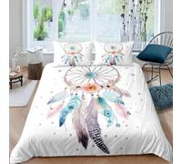 Funda Nórdica Cama 150 Atrapasueños, Funda Edredon 220x240 Microfibra Suave, Ropa de Cama Boho Pluma - Funda Nordica Bohemio y 2 Funda de Almohada 50x75 con Cremallera, E-958
