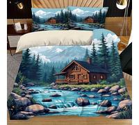 Funda Nordica Cama 150 CabañA De Madera, Funda Nordica 220x240 Bosque, Conjuntos de Cama Estampado 3D con Cremallera, Funda Nórdica Microfibra y 2 Funda de Almohada 50x75 cm