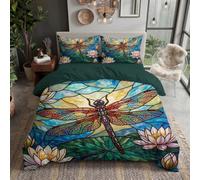 Funda Nordica Cama 150 Estampado Ventana con Vidrieras De Libélulas Animales Retro Loto con Almohada 50X75 Cm - Funda Edredón 240X220Cm De Microfibra - Ropa De Cama Turquesa 3 Piezas para Niña