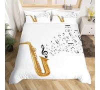 Funda Nordica Cama 150x200 Infantil Saxofón, Ropa de Cama Notas Musicales de Microfibra Impresión 3D Funda Edredon con Cremallera y 2 Fundas de Almohada B-7500
