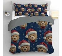 Funda Nórdica Cama 180/200 260x240CM,Fundas Edredon con Gorro Papá Noel Copos Nieve Oso Dibujos Animados Patrón 3 Piezas, 1 Funda Nórdica + 2 Fundas de Almohada 50x75, Azul