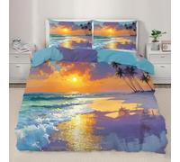 Funda Nordica Cama 180 Costa de Isla Tropical Estampado 3D Ropa de Cama 260 X 240 cm Palmeras y Olas Microfibra Suave Funda de Edredón Cremallera con 2 Fundas de Almohada 50x75cm a-312