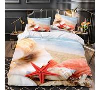 Funda Nórdica Cama 180 Estrellas de Mar y Caracolas Impresión 3D Microfibra Suave Ropa de Cama Paisaje Costero Funda Edredon 240x260 cm con Cremallera y 2 Fundas de Almohada 50x75 cm k.4452