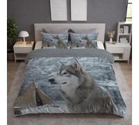 Funda Nordica Cama 180 - Juego de Funda Edredon 260 x 240 cm 3 Piezas + 2 Fundas de Almohada 50 x 75 cm, Ropa de Cama Microfibra Suave Transpirable, Gris, Realista Animal Lobo