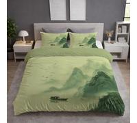 Funda Nordica Cama 180 - Microfibra Juego de Funda Nórdica 240x220 cm y 2 Fundas de Almohada 50x75 cm, Suave, Transpirable y Delicada para la piel, Verde, Pintura Paisajística Estilo Chino Montañas