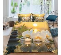 Funda Nordica Cama 180 Orquídeas y Piedras Zen 3D Ropa de Cama Microfibra Suave Zen Oriental Funda de edredón 240x260 cm con Cremallera y 2 Funda de Almohada 50x75 para Cama Doble L.2987