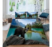 Funda Nordica Cama 180 Oso Negra Ropa de Cama 3D Montañas con Vista al Lago 3 Piezas Suave Transpirable Microfibra Funda Nórdica 260x240 cm y 2 Fundas de Almohada 50x75 cm J-3283