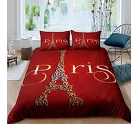 Funda Nordica Cama 180 Torre Eiffel Roja 3D Imprimiendo Juego de Ropa de Cama con Cremallera,1 Funda de Edredón 260x240cm+2 Fundas de Almohada 50x80cm,para Familias y Adult