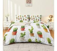 Funda Nórdica Cama 200 x 200 cm 3 Piezas Funda Edredón Cactus Plantas en Maceta Plantas Verdes 100% Microfibra Suave Ropa Cama con Estampado Moderno Verde marrón