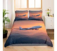 Funda Nordica Cama 80/90 Avión 3D Ropa de Cama Microfibra Suave Vuelo al Atardecer Funda de edredón 150x200 cm con Cremallera y 2 Funda de Almohada 50x75 K.1934