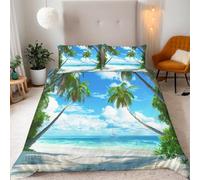 Funda Nordica Cama 80/90 Playa y Cocos Funda Nórdica Edredon Estampado Marino Fundas Nórdicas 135x200 Microfibra Suave Ropa de Cama con Cremallera y 2 Fundas de Almohada E.1849