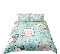 Funda Nordica Cama 90/105/135/150 Juveniles Animal Gato Flor Verde Microfibra Cremallera Juego De Cama Funda De Edredón Ropa De Cama 3 Piezas Para Niños y Niñas (Verde B,Cama 105 (200 x 200 cm))