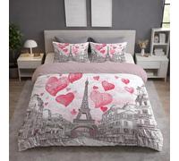 Funda Nórdica Cama 90 de 3 Piezas - Juego de Cama 150 x 200 cm en Suave Ligera y Transpirable para Adultos - con Fundas de Almohada 50x75 cm Diseño Romántico Torre Eiffel Corazón Rosa