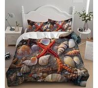 Funda Nordica Cama 90 Estrellas de Mar y Conchas 3D Impresión Funda de Edredón Playa Microfibra Suave Transpirable Funda Nórdica 135x200 cm con 2 Fundas de Almohada 50x75cm b_1358