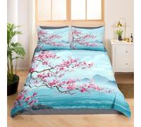 Funda Nordica Cama 90 Flores de Cerezo Rosas 3D Impresión Funda de Edredón Lagos y Montañas Microfibra Suave Transpirable Funda Nórdica 135x200 cm con 2 Fundas de Almohada 50x75cm b_782