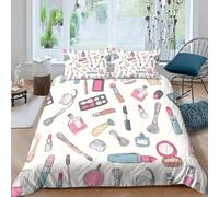 Funda Nordica Cama 90 Infantil Perfume y Pintalabios 3D Ropa de Cama 150x200 Funda Nórdica 3 Piezas Cosméticos Funda de Edredon de Suave con Cremallera y 2 Fundas de Almohada F.668