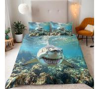 Funda Nordica Cama 90 Juvenil Tiburón 3D Microfibra Suave Ropa de Cama Tiburón de Arrecife de Playa 3 Pezzi Include 1 Fundas de Edredón 155x200 cm 2 Fundas de Almohada 50x75cm K.1436