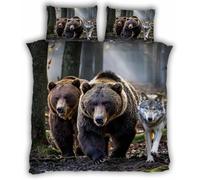 Funda Nordica Cama 90 Osos Pardos y Lobos Funda Edredon Microfibra Suave 3D Juego de Ropa de Cama Animales Salvajes Funda Nordica 150x200 y 2 Fundas de Almohada 50x75 cm F-1920
