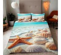 Funda Nordica Cama 90 Playa de Estrellas de Mar 3D Impresión Funda de Edredón Conchas en la Costa Microfibra Suave Transpirable Funda Nórdica 150x200 cm con 2 Fundas de Almohada 50x75cm b_2271