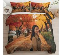 Funda Nórdica Cama Bellezas Asiáticas del Parque Seúl Microfibra 3 Piezas Compuesto por 1 Funda Nordica 220 x 240 cm + 2 Fundas de Almohada, Reversible Estampada, Juego de Ropa Cama, Color Naranja