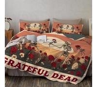 Funda Nordica Cama Calavera De Muerte Agradecida, Funda Edredon Arte Retro Rockero Microfibra Ropa De Camas Reversible 3 Piezas, Ropa De Cama 260x240cm con Cierre De Cremallera Y Colores Resistentes