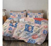 Funda Nórdica Cama Estilo Collage 3 Piezas Juego de Funda Edredon Patrón de Cuadros de Margaritas y jacintos Juego de Ropa de Cama Suave y Transpirable, 240x220cm, Azul y Rosa