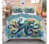 Funda Nórdica Cama, Funda Nordica con Patrón de Animales Marinos Pulpo Coral Algas Marinas Microfibra 3 Piezas Compuesto por 1 Fundas Nordica + 2 Fundas de Almohada, Azul Verdoso