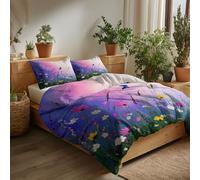 Funda Nórdica Cama Patrón Mariposa Jardín Fantasía Microfibra 3 Piezas Compuesto por 1 Funda Nordica 180 x 220 cm + 2 Fundas de Almohada 50x75cm, Reversible Estampada, Juego de Ropa Cama, Rosa Púrpura
