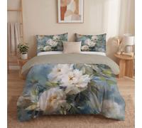 Funda Nordica Cama Watercolor Flowers White Peony Branches and Leaves Blue-Green con 2 Funda Almohada 50x75 cm Fundas Nordica 230x220cm de Microfibra Suave Transpirable