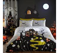 Funda Nórdica Casa Embrujada Halloween Bedlam - Tamaño Doble (200 x 200cm) - Brilla en la Oscuridad - Mansión Embrujada - Decoraciones de Halloween - Cortina a Juego Disponible