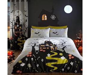 Funda Nórdica Casa Embrujada Halloween Bedlam - Tamaño Doble (200 x 200cm) - Brilla en la Oscuridad - Mansión Embrujada - Decoraciones de Halloween - Cortina a Juego Disponible
