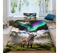 Funda Nórdica con Burro Poliéster Microfibra Juego De Ropa De Cama Aurora Bosque con Fundas Almohada para Dormitorio Principal Y De Huéspedes Single（135x200cm）