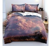 Funda Nórdica con Estampado de Paisaje Ferroviario de Tren de Vapor para Mujeres,Hombres,Niñas y Niños,Juego de Funda de Edredón 200X200 con Nubes de Cielo Púrpura y Fundas de Almohada,Juego de