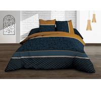 Funda nórdica de 240 x 260 cm y 2 Fundas de Almohada, algodón Puro de 57 Hilos, Alix, Azul, Mostaza
