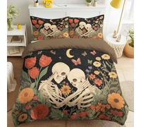Funda nórdica de 260 x 240 cm, romántica calavera con 3 fundas de almohada de 65 x 65 cm, juego de cama de cielo estrellado con flores, amor eterno, cráneo de microfibra, con cremallera, verde