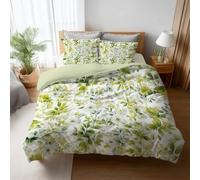 Funda nórdica de Cama 135 - 100% Microfibra Lavada Reforzada - diseño Floral Margarita Blanca Hoja Fresco, Juego de Cama Verde Menta con Cremallera, 1 Suave Funda Edredón + 2 Funda Almohada