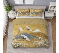 Funda nórdica de Cama 135 - 100% Microfibra Lavada Reforzada - diseño Tradicional Grullas Monte Fuji Elegante, Juego de Cama Plateado con Cremallera, 1 Suave Funda Edredón + 2 Funda Almohada