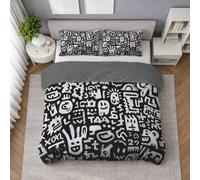 Funda nórdica de Cama 150 - 100% Microfibra Lavada Reforzada - diseño Dibujos Animados Graffiti Garabatos Genial, Juego de Cama Negro con Cremallera, 1 Suave Funda Edredón + 2 Funda Almohada