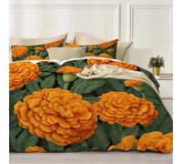 Funda Nórdica De Hojas Verdes De Caléndula 260x240cm, 3 Piezas Microfibra Suave Y Confortable Funda Nórdica De Ilustración Clásica De Planta con 2 Fundas de Almohada, Naranja