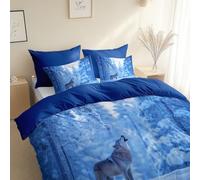 Funda nórdica de Matrimonio 180 x 220 cm Azul Oscuro, microfibra Juego de Ropa de Cama Escena Moderna Escena De Nieve Lobo Solitario, Incluye 1 Funda nórdica y 2 Fundas de Almohada adultos niños niñas