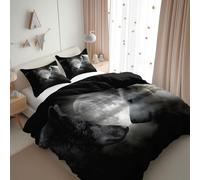 Funda nórdica de Matrimonio 200 x 200 cm Negro, Microfibra Juego de Ropa de Cama Fantasía Noche De Luna Lobos Blancos Y Negros, 1 Funda nórdica y 2 Fundas de Almohada 50 x 75 cm Adultos niños niñas