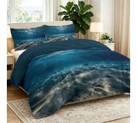 Funda nórdica de paisaje marino natural, reversible, transpirable, con 2 fundas de almohada, suave, lavable, con ondas simples de agua de mar, haz de luz, decoración de dormitorio, ropa de cama para