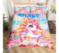Funda nórdica de unicornio para niñas, tamaño L, bonito unicornio caballo dibujos animados cuento de hadas juego de funda nórdica para niños, rosa crema pastel donut dulces, postres, cubierta para