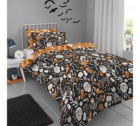 Funda Nórdica Día de los Muertos Halloween Bedlam - Doble (200x200cm) - Reversible 2 Colores - Brilla en la Oscuridad - Esqueletos, Fantasmas, Murciélagos & Calaveras - Ropa de Cama Halloween