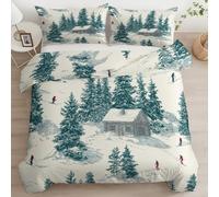 Funda Nórdica Dibujos Animados Casa Madera Ladera Esquí Campo Juego de Ropa de Cama 105, Microfibra Suave y Confortable 200 x 200 cm, 3 Piezas con 2 Fundas de Almohada para Familia y Niños Beige