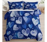 Funda Nórdica Dibujos Animados Corazón Romance Dibujo Juego de Cama, 3 Piezas Cama 135/150-220 x 240 cm Funda de edredón, y 2 Fundas de Almohada Fácil de Cuidar para Todas Las Estaciones Azul Oscuro