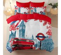 Funda nórdica Estampada 200 x 200 cm, Microfibra cepillada Suave y cómoda Funda nordica, Ilustración Arquitectura Vintage Autobús Tema Juego Cama con Cremallera Apto para Adultos y niños, Rojo