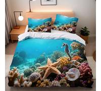 Funda Nórdica Estrella de Mar 155x220 cm Impresión 3D Fondo Marino Coral Juego de Funda Edredon Microfibra Confort Bedding con Cremallera Cuatro Bandas de Esquina 2 Fundas de Almohada de 50x75 cm